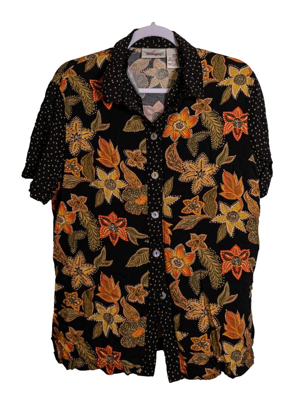 Vintage Worthington Lightweight Black Orange Paisley Floral Top - Rayon - Medium